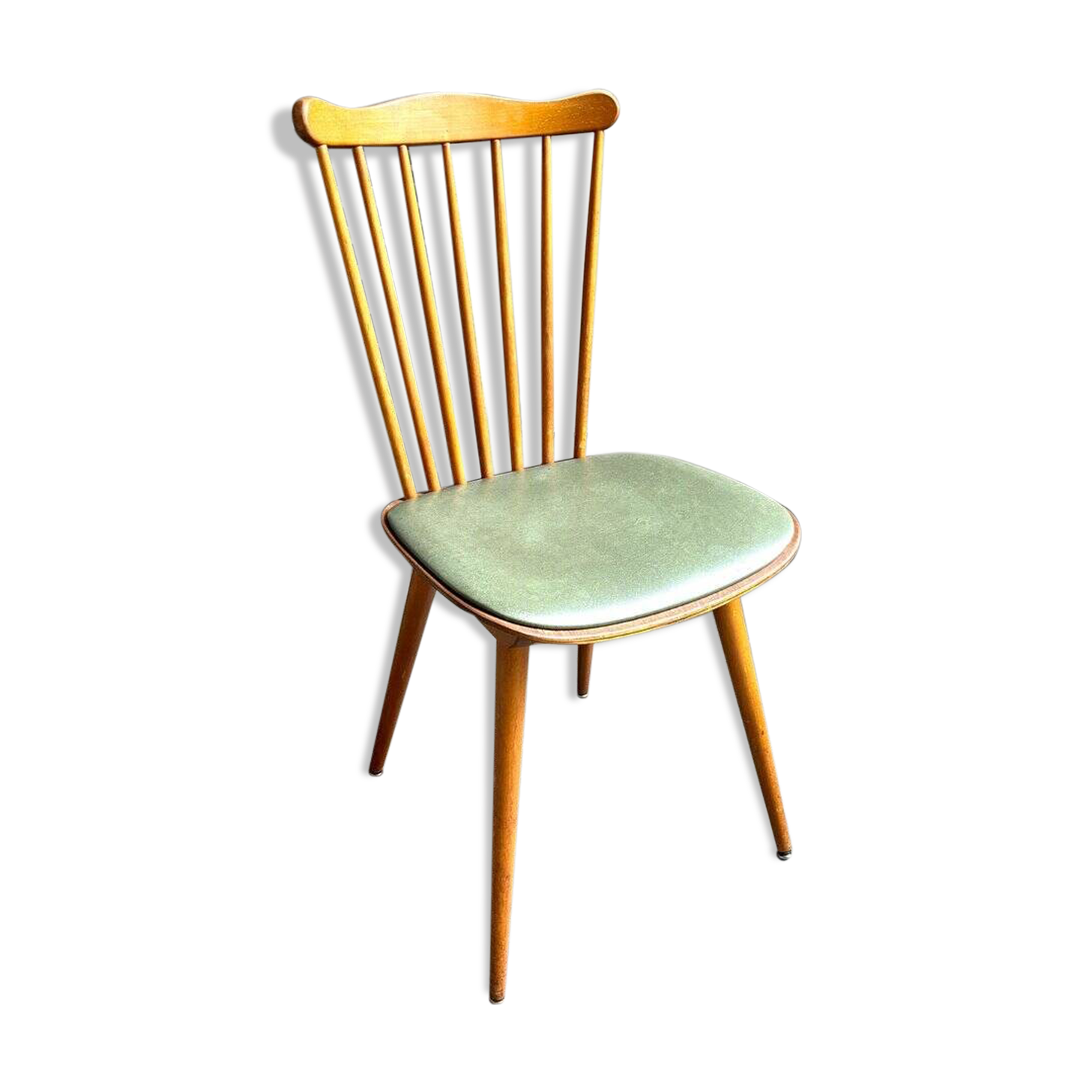 Baumann bistro chair in light wood and green skai, “Menuet” model