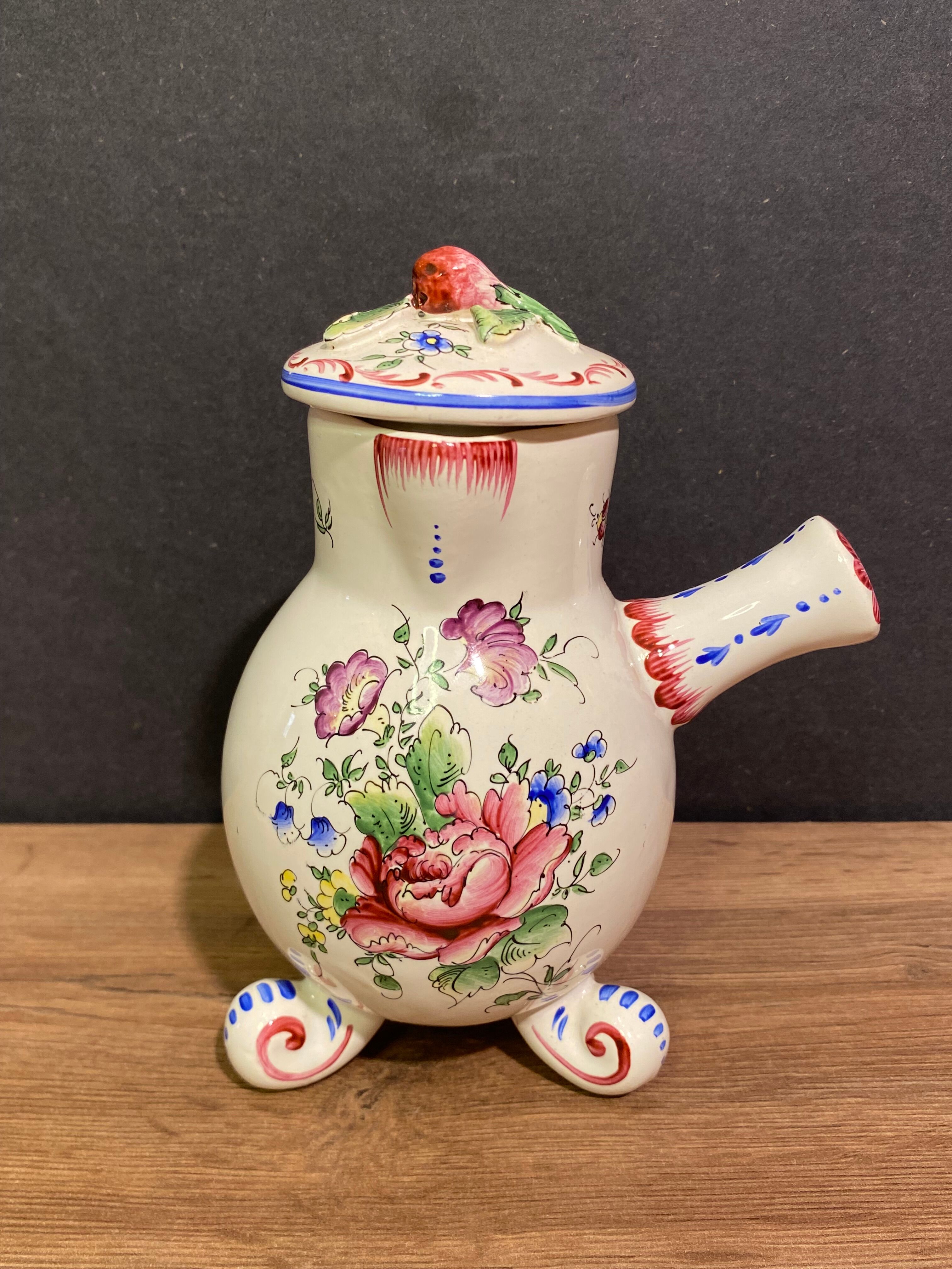 Clamecy earthenware chocolate pourer with polychrome floral decoration