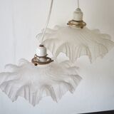 Pair of frosted glass flower pendant lamps