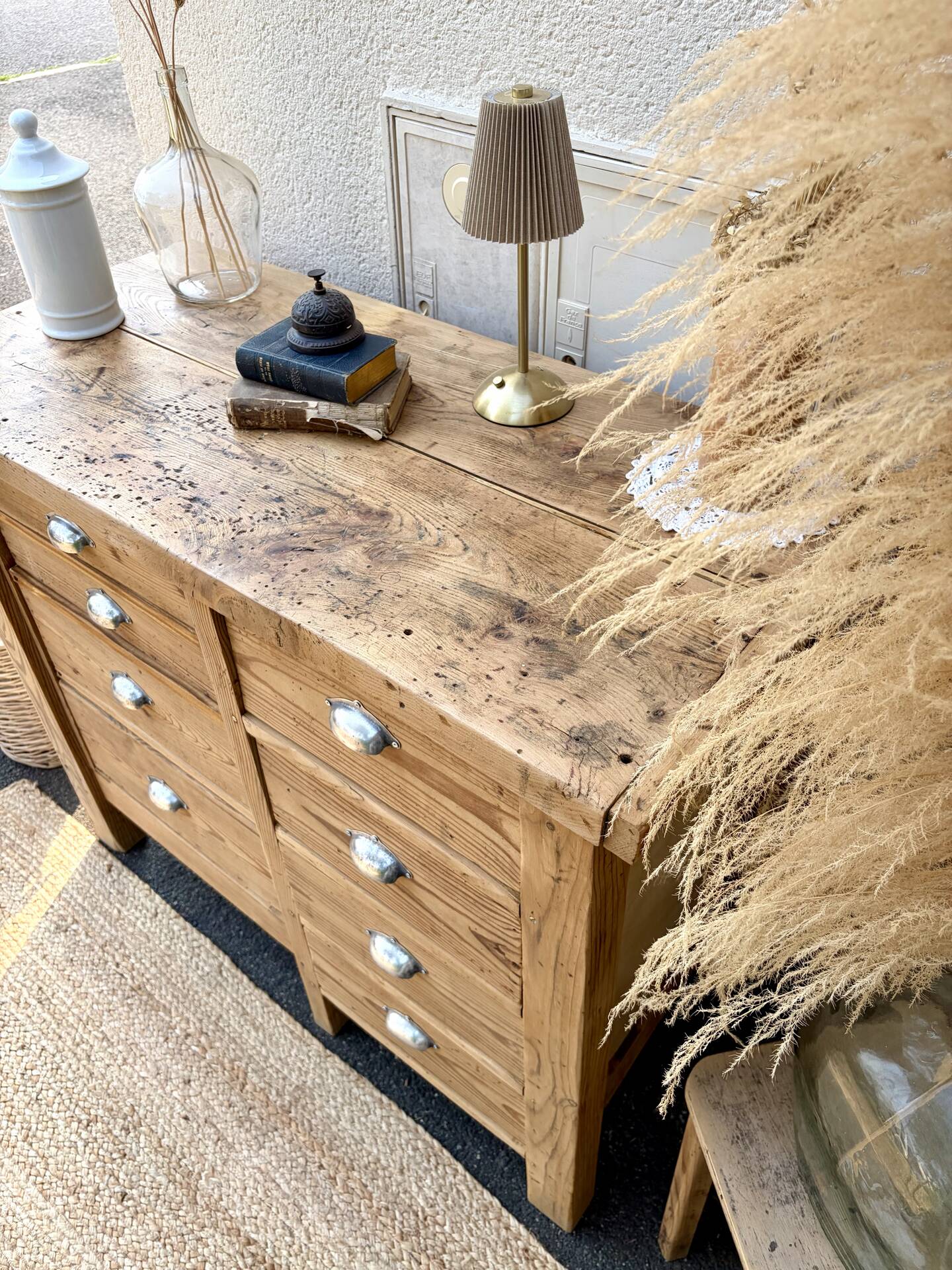 Old wooden workbench with 8 drawers.