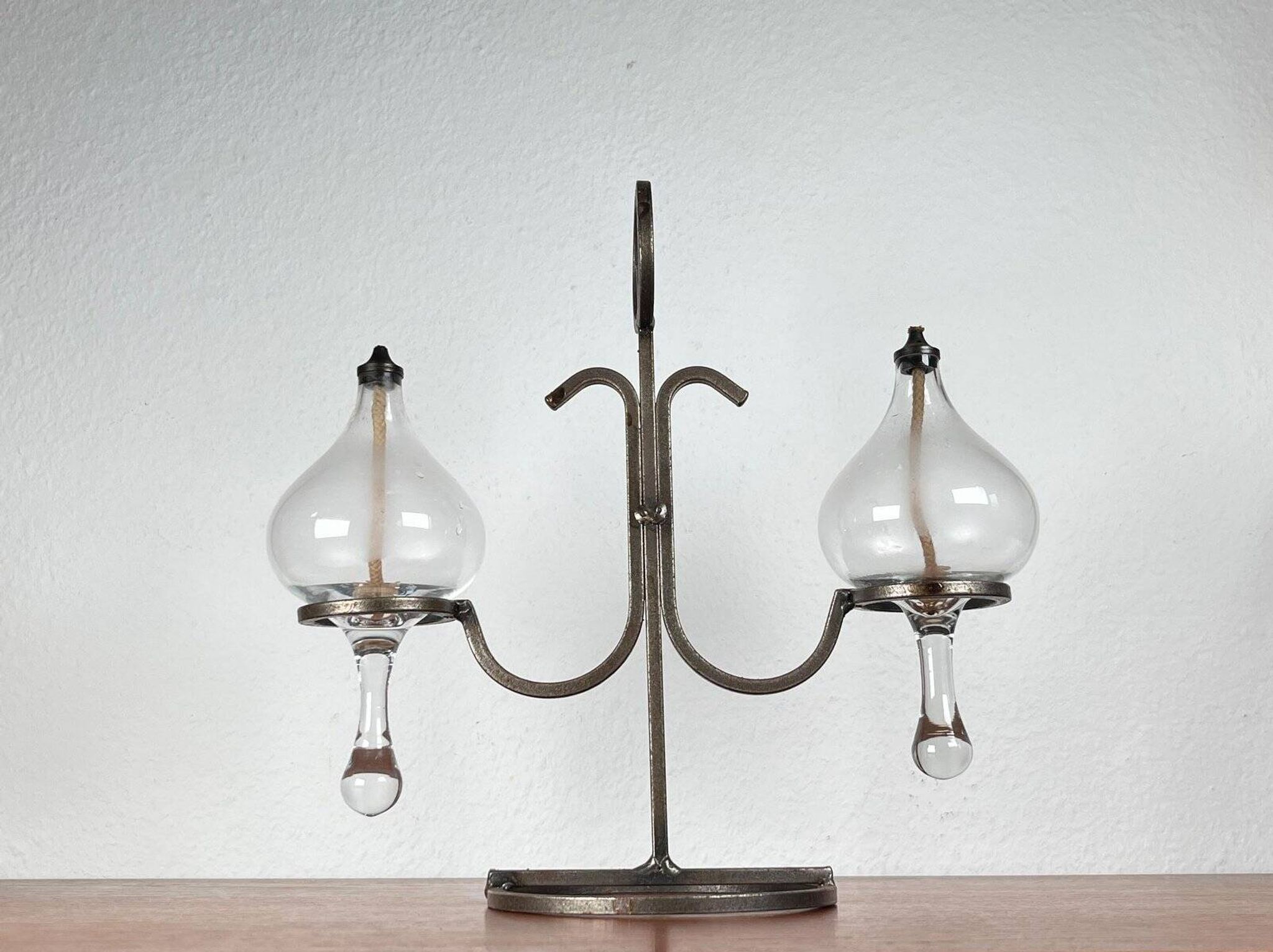 Mid-century Danish wrought iron and glass table oil lamp, 1960s.