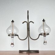 Mid-century Danish wrought iron and glass table oil lamp, 1960s.