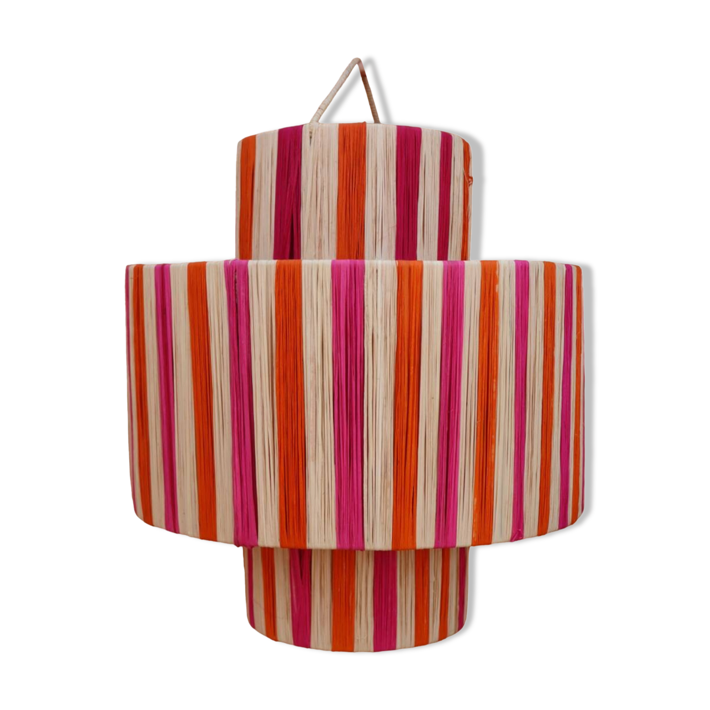 Natural orange pink striped raffia pendant light