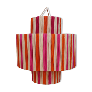 Natural orange pink striped raffia pendant light