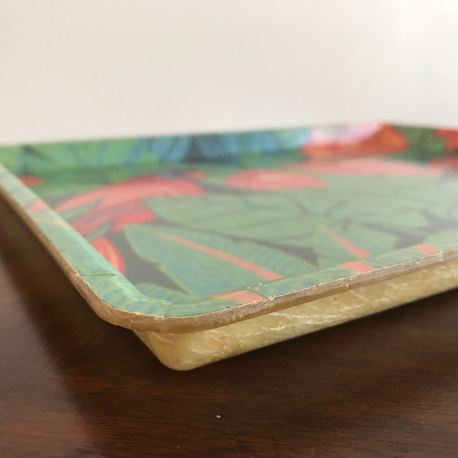 Vintage fiberglass platter with exotic décor and parrots