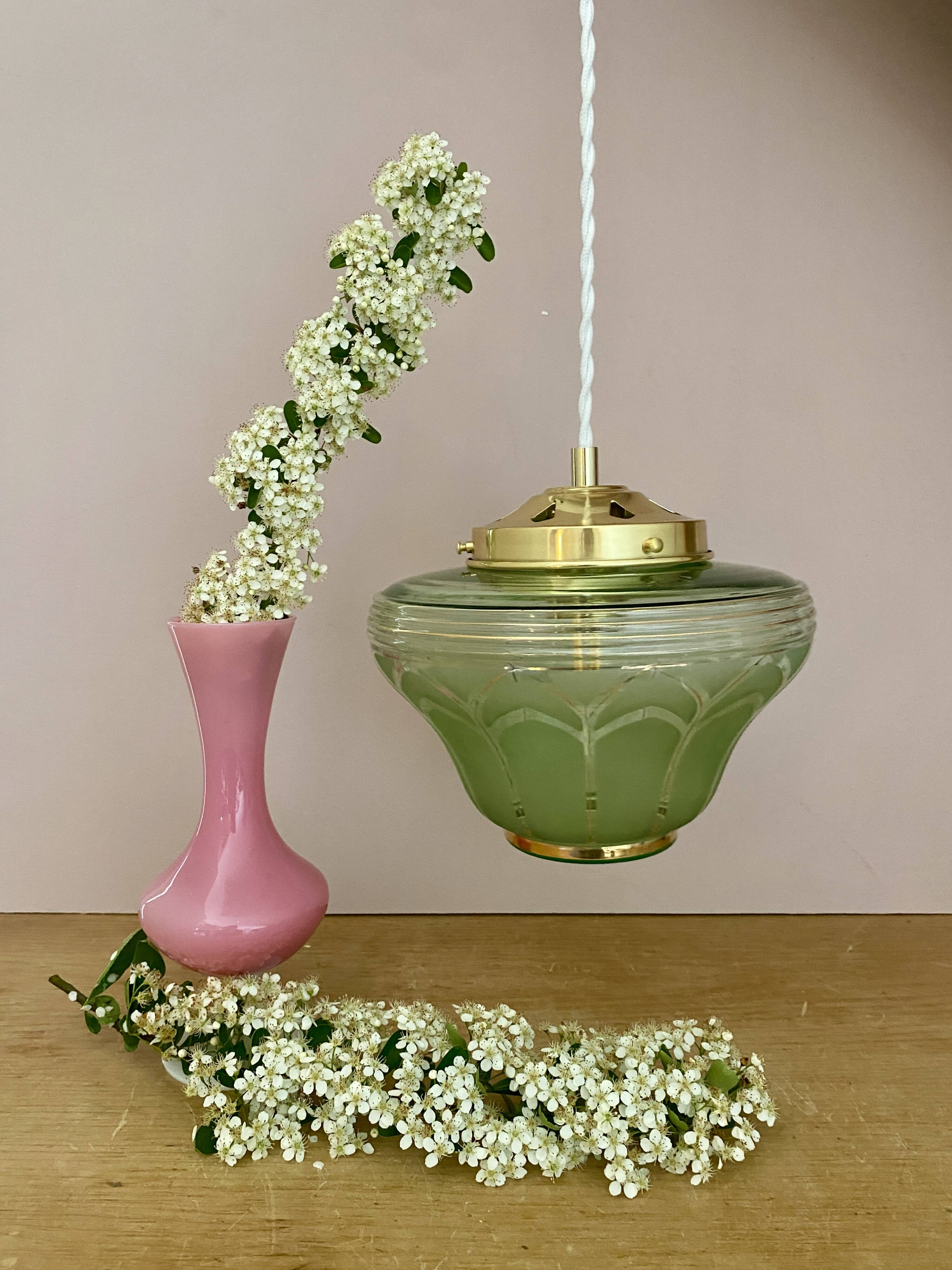 Vintage art deco globe pendant light in green and gold frosted glass
