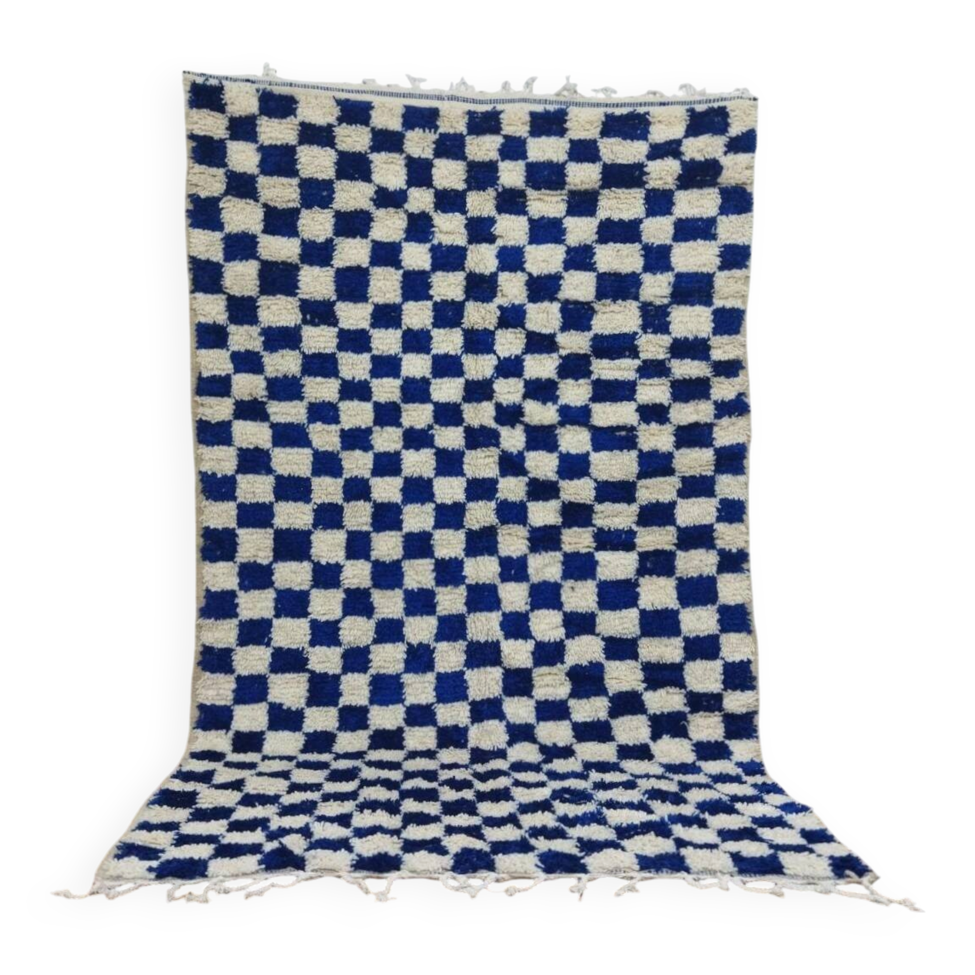 Moroccan Berber rug with a blue and ecru checkerboard pattern – 250 x 147 cm