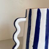 Klein blue and white striped ceramic vase with abstract handmade wavy handles