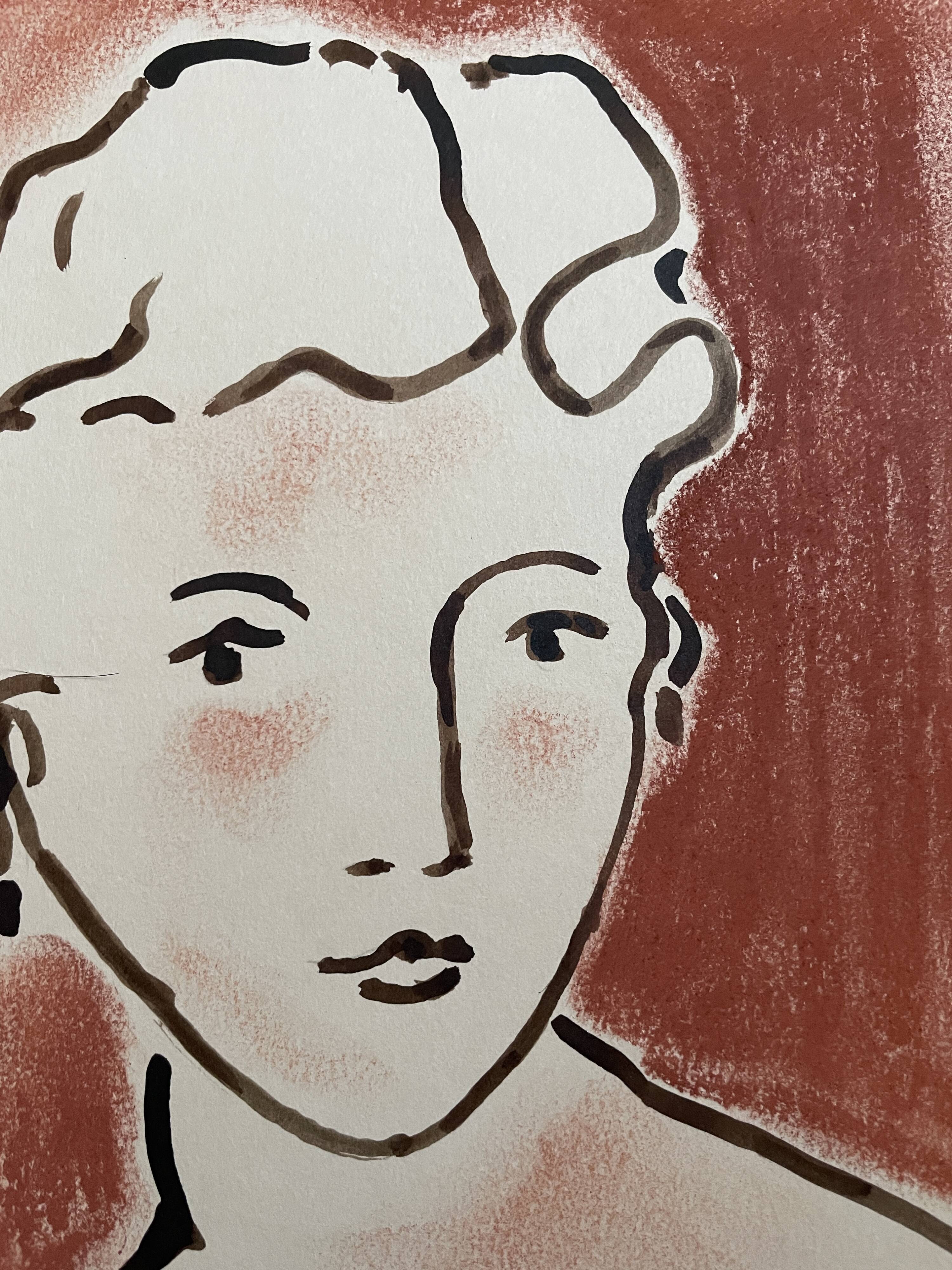Painting signed Chinese ink and pastel female portrait “study”