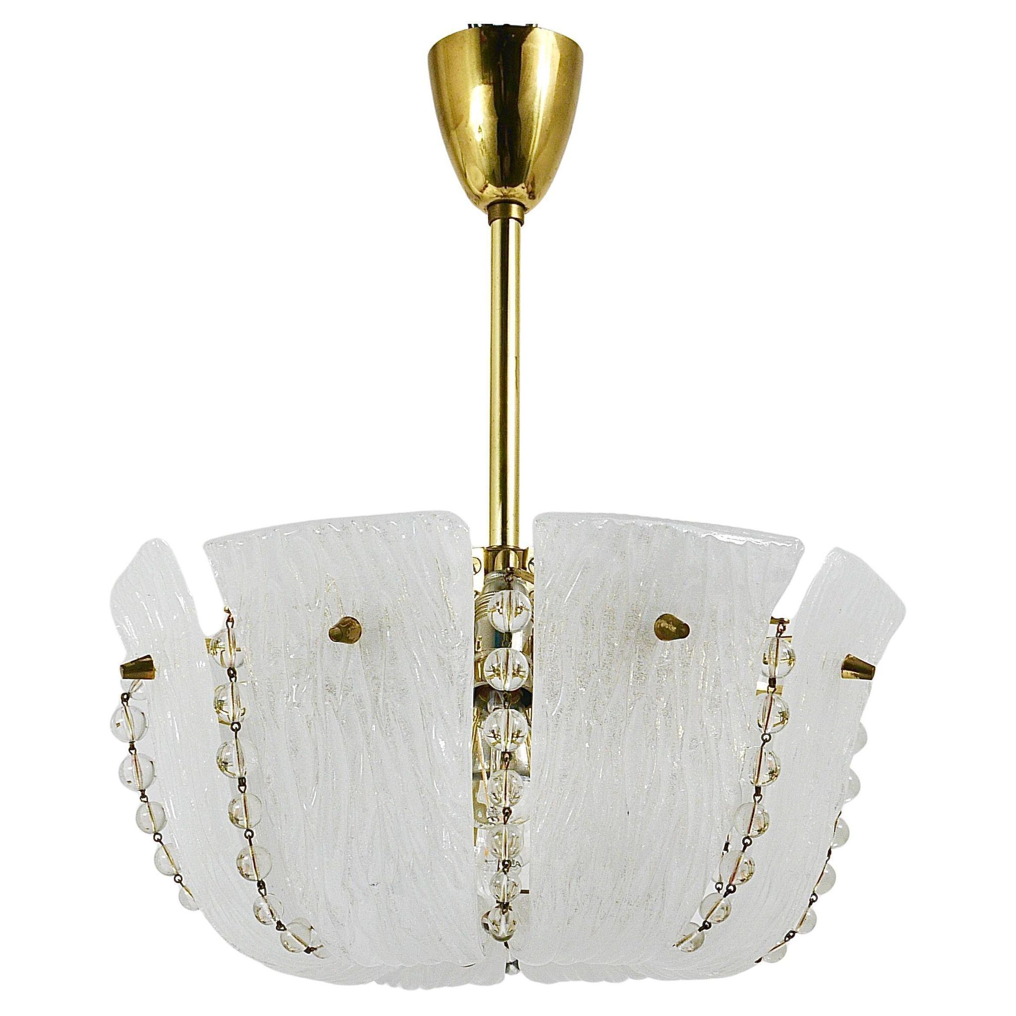 J.T. Kalmar Petite curved suspension basket, brass and glass, Austria, 1950s