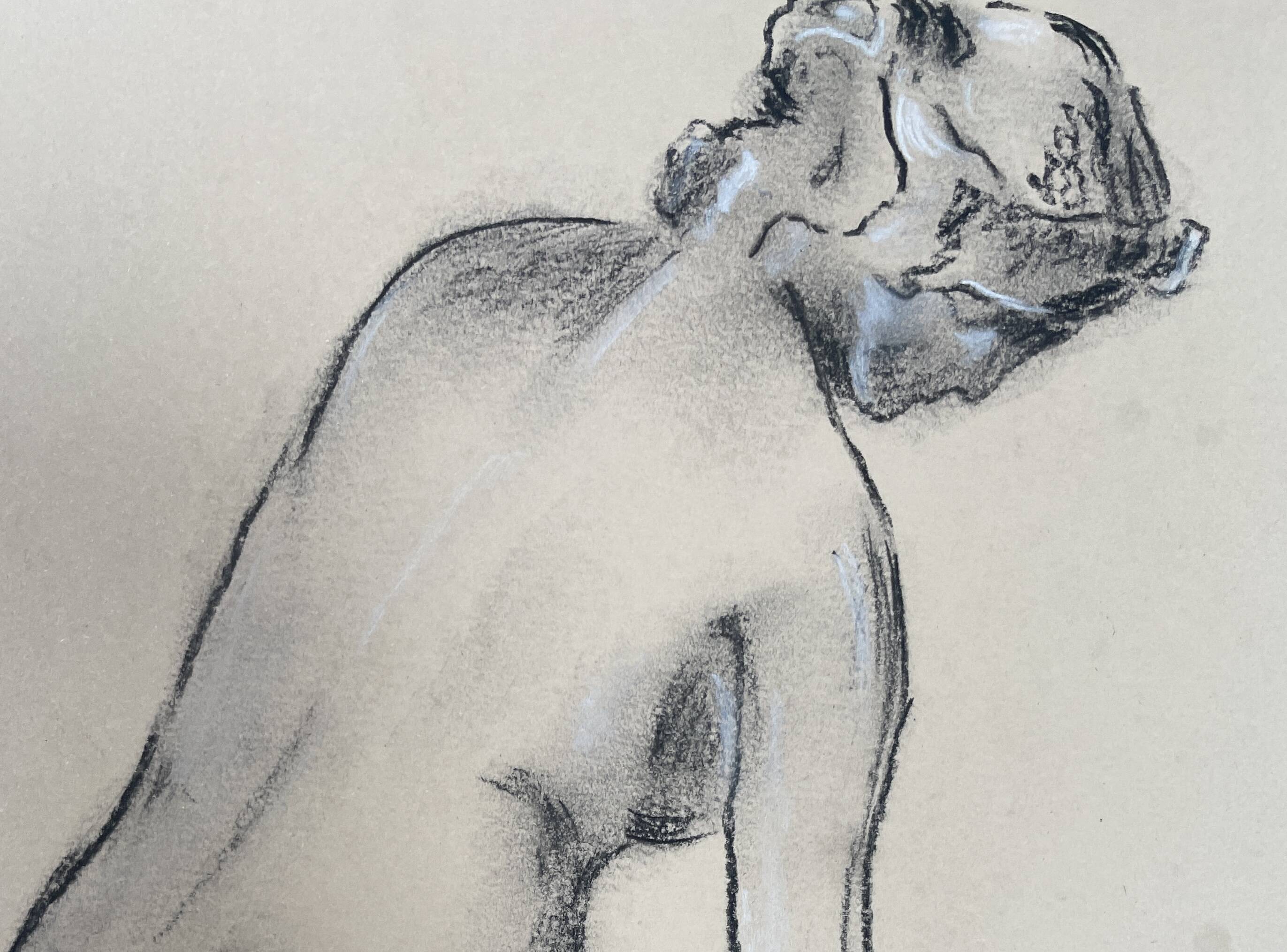 Charcoal drawing, study of a plaster statue of a woman, signed studio piece.