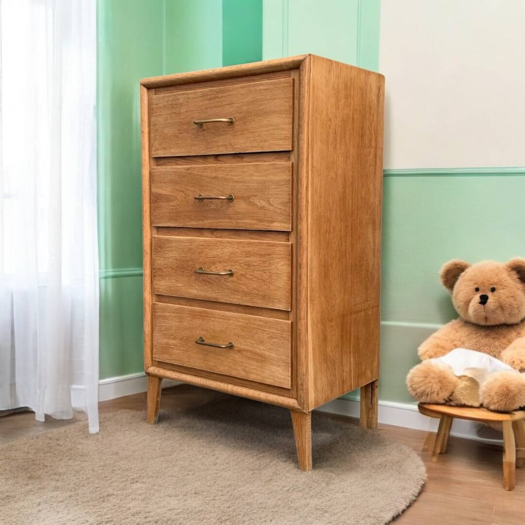 Chest of drawers with compass feet, raw wood, 1950s