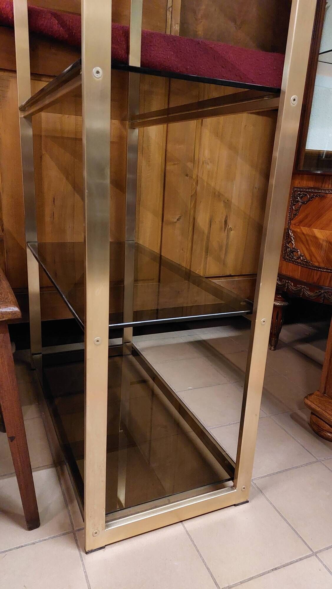Vintage shelf in smoked glass and golden brass - 1970s