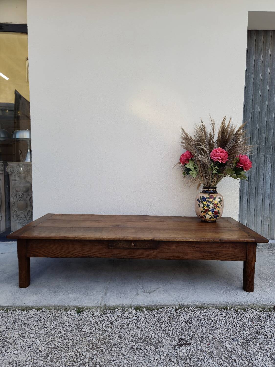 Rustic farmhouse coffee table with two drawers, solid oak, 19th century - 1.97m