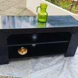 Black lacquered designer console in solid wood, open storage