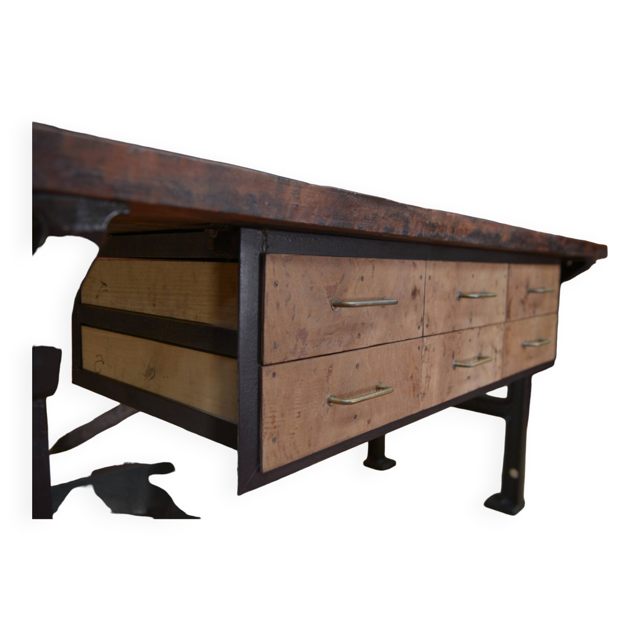 factory workbench in cast iron and wood 1930 with 9 drawers