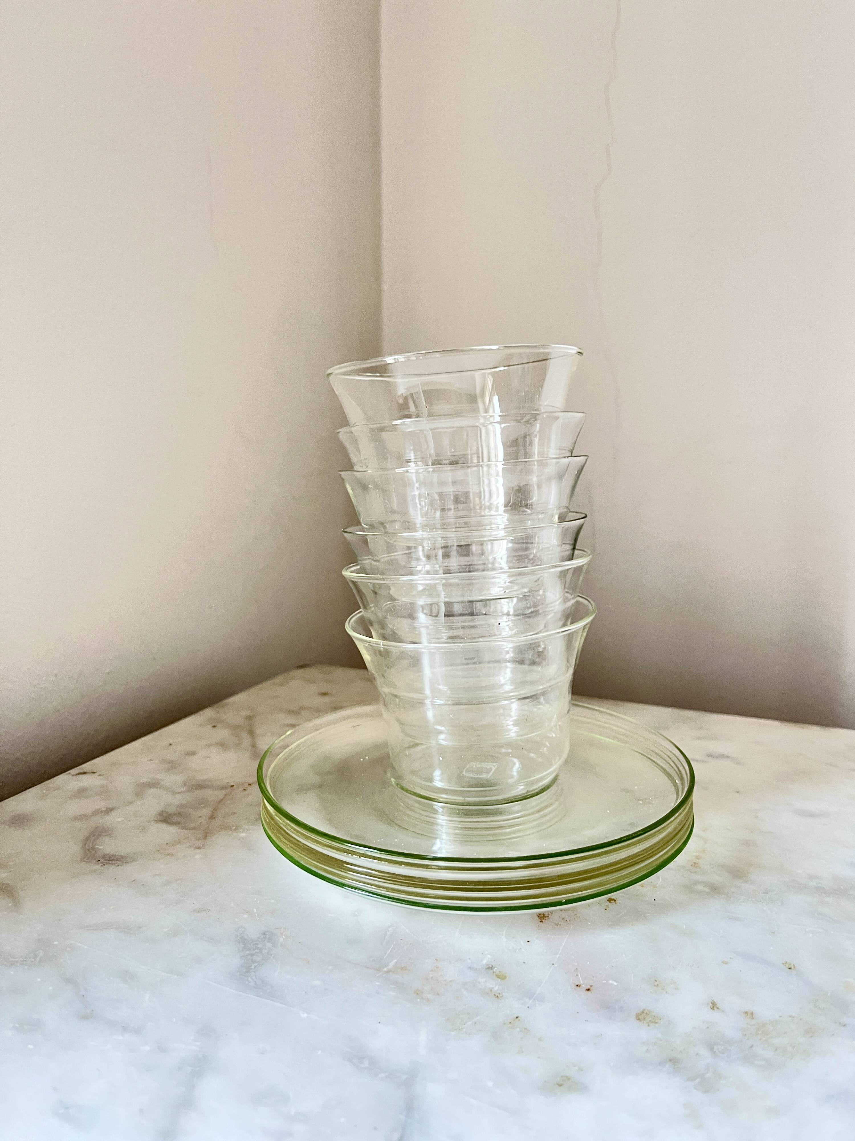 Vintage Jena Borosilicate Glass Tea Cups Set of 6 + Saucers,  GDR, 1960s