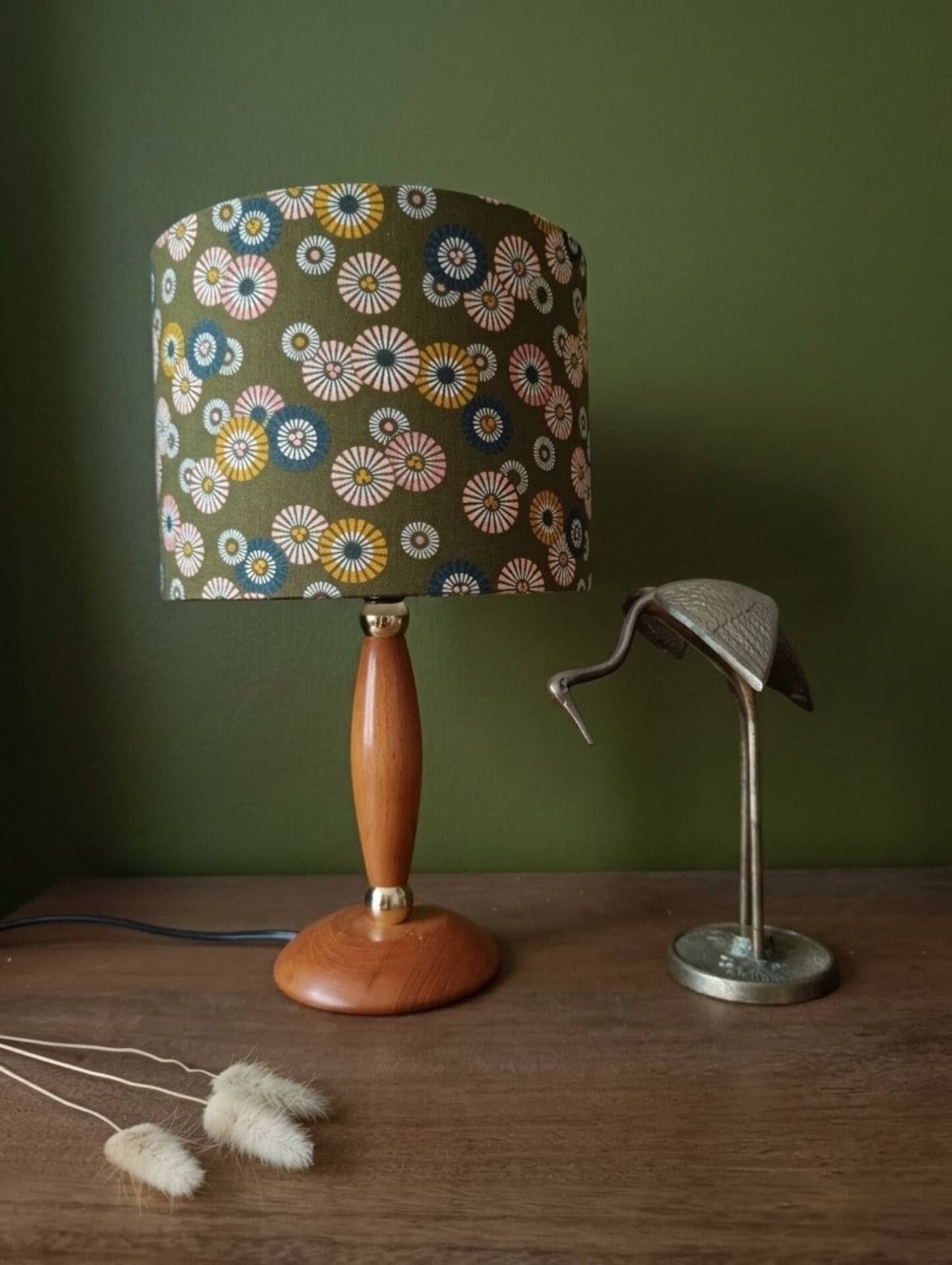 vintage Scandinavian table lamp with turned wood and Japanese lampshade