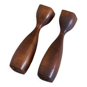 Pair of vintage teak candlesticks / 1970s