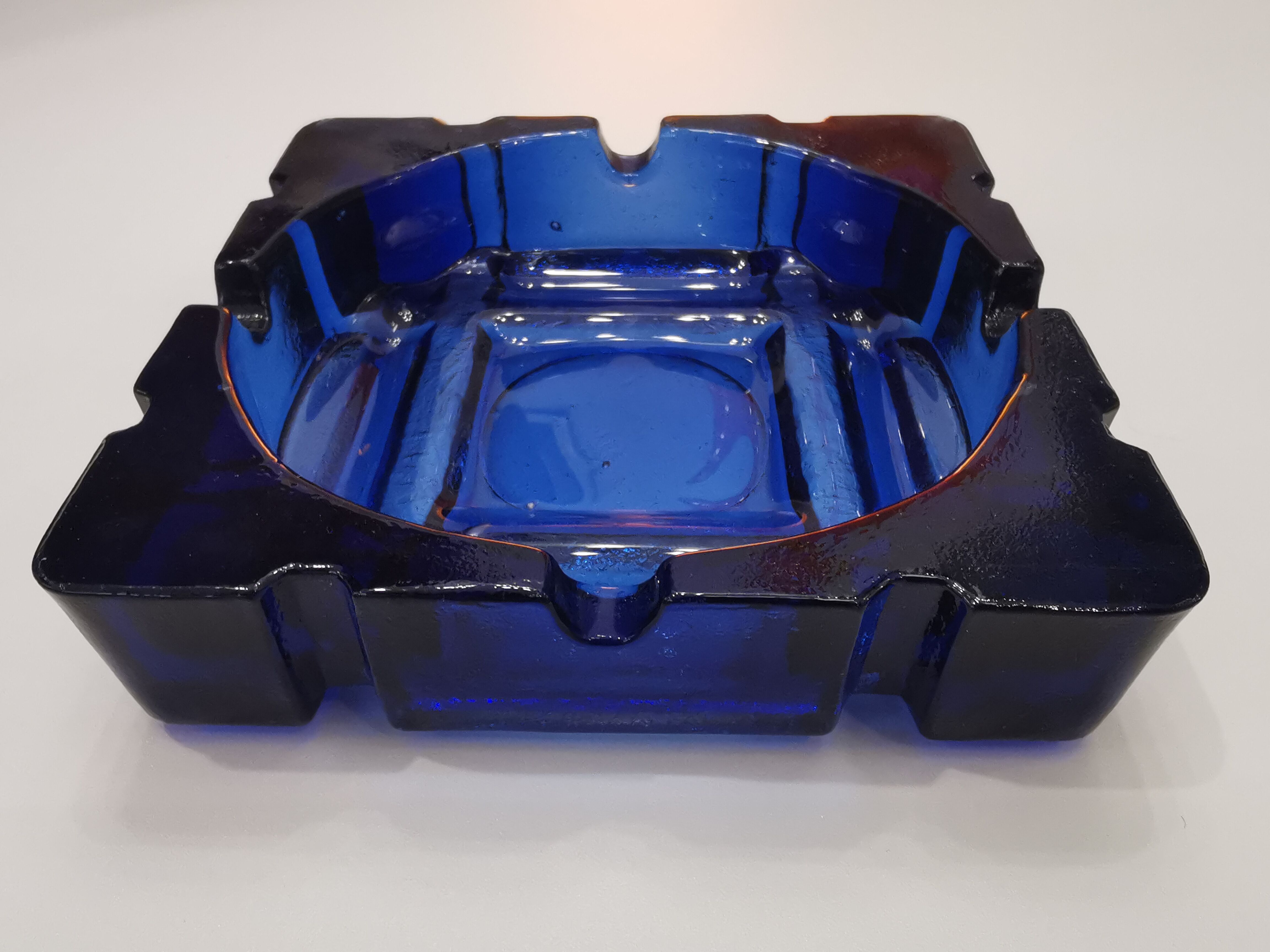 Vintage blue glass ashtray from the 80s