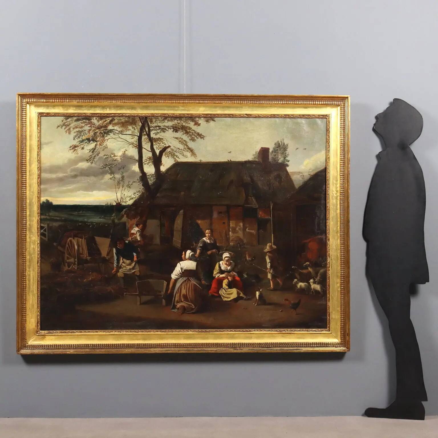 Peinture ancienne scène champêtre, huile sur toile, Europe du Nord '800