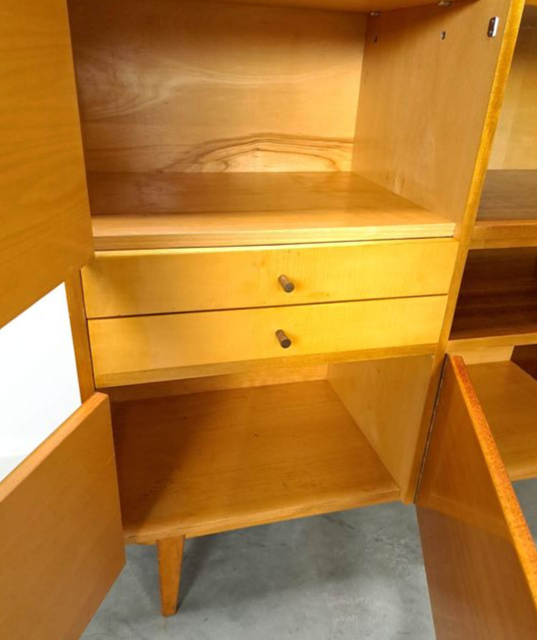 Vintage wooden sideboard with sliding glass doors and drawers