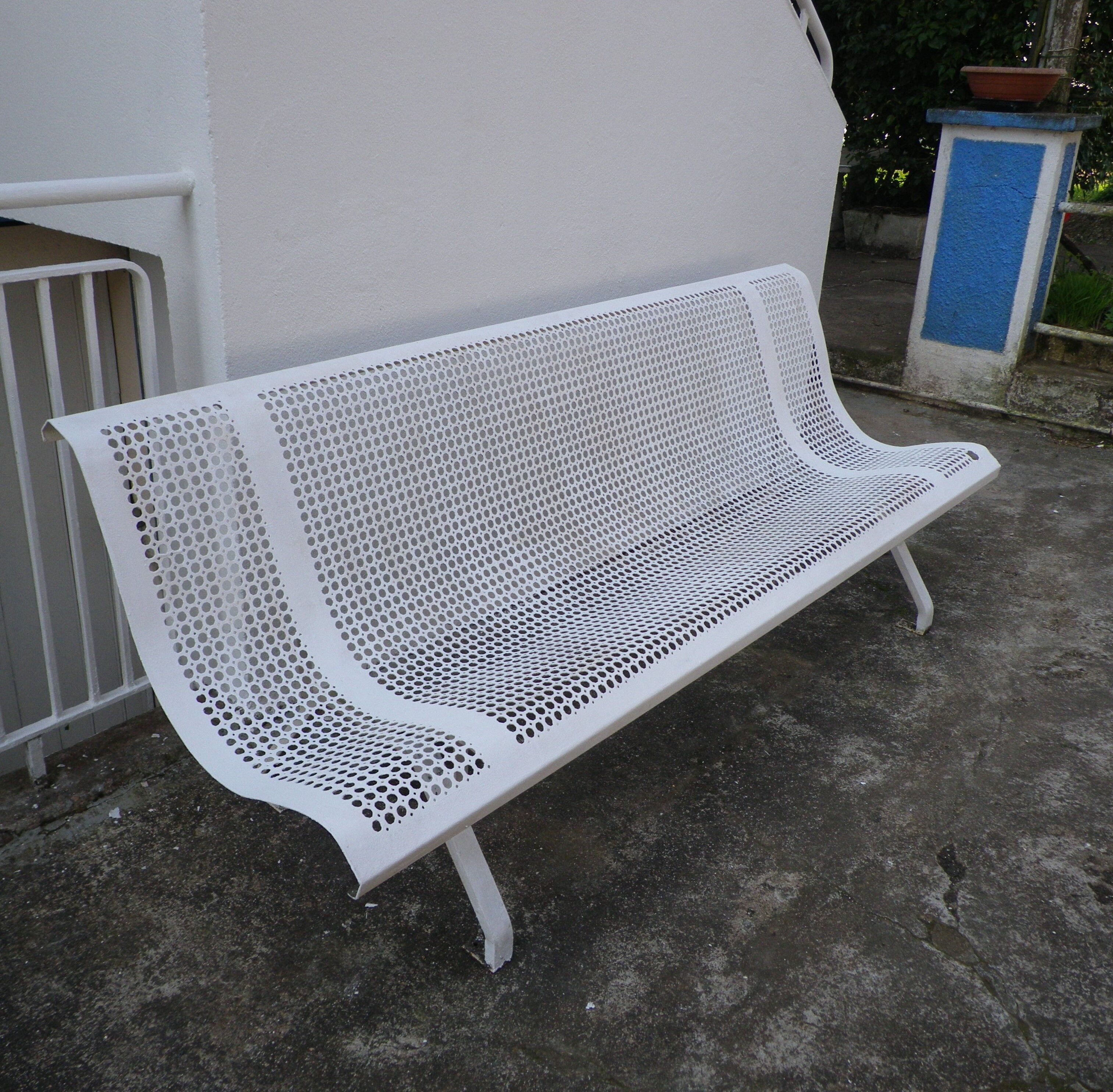 Old public wrought iron bench painted white - 50s