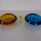 Amber and Blue Sklo Union Glass Ashtrays by Rudolf Jurnikl, Czechoslovakia, 1960s, Set of 2
