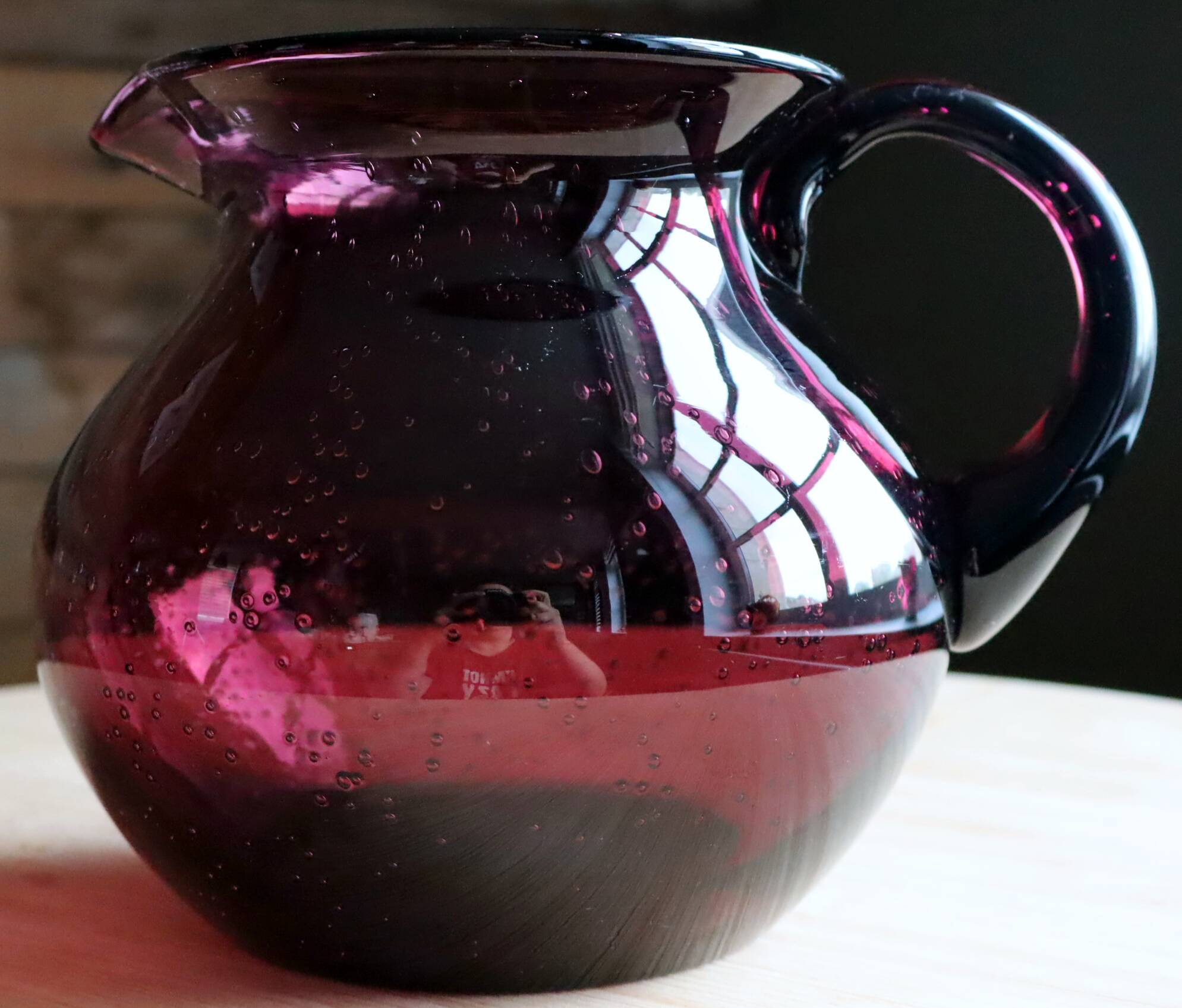 Large blown glass pitcher with bubbles in amethyst / violet.