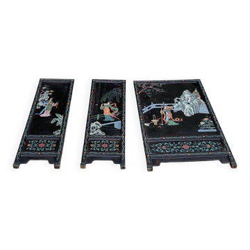 3 Asian solid wood paintings