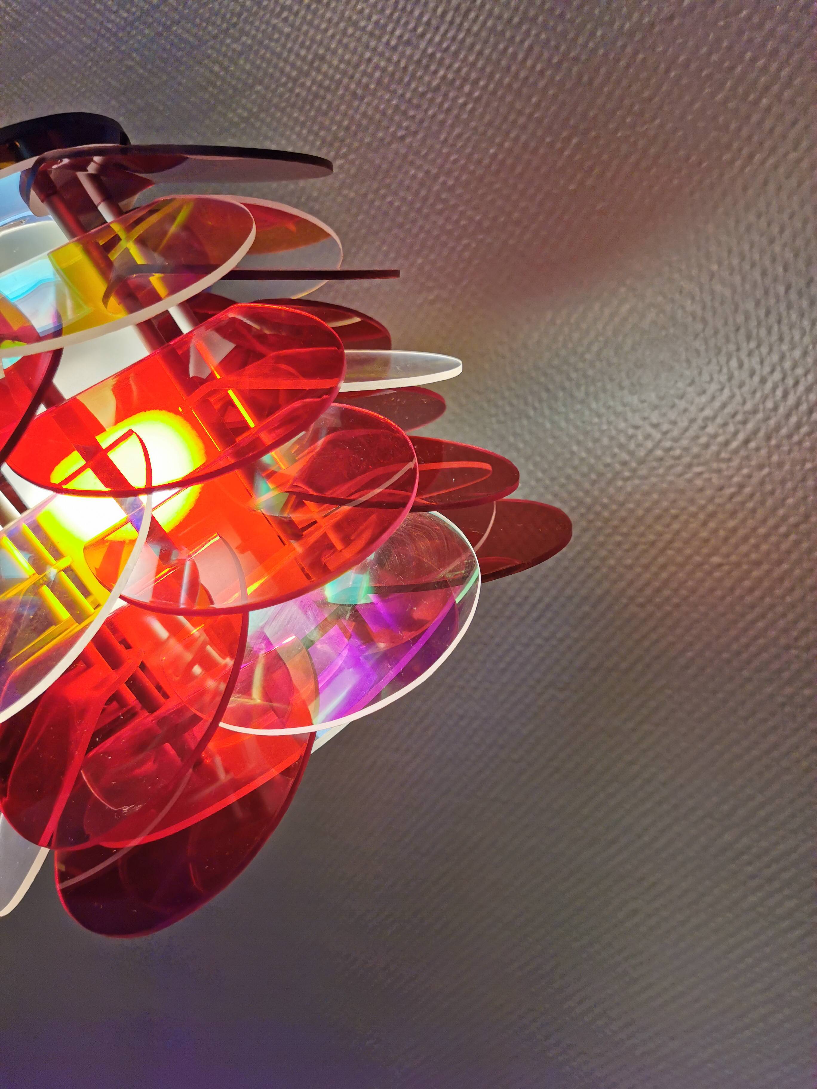 Danish Space Age hanging lamp made of plexiglass "leaves" with mirror reflex