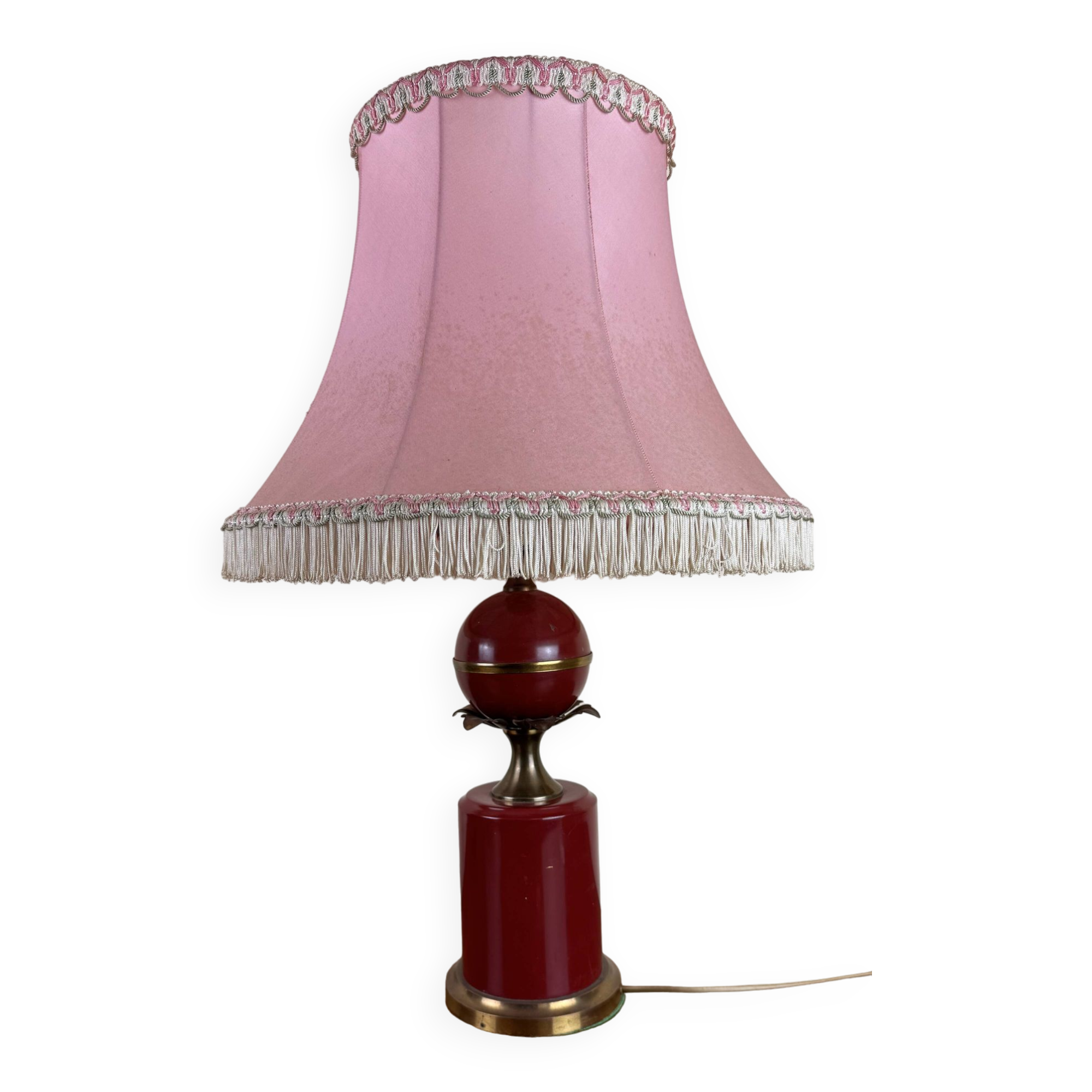 Art deco style desk lamp with a burgundy red sphere in the center the body is in lacquered iron
