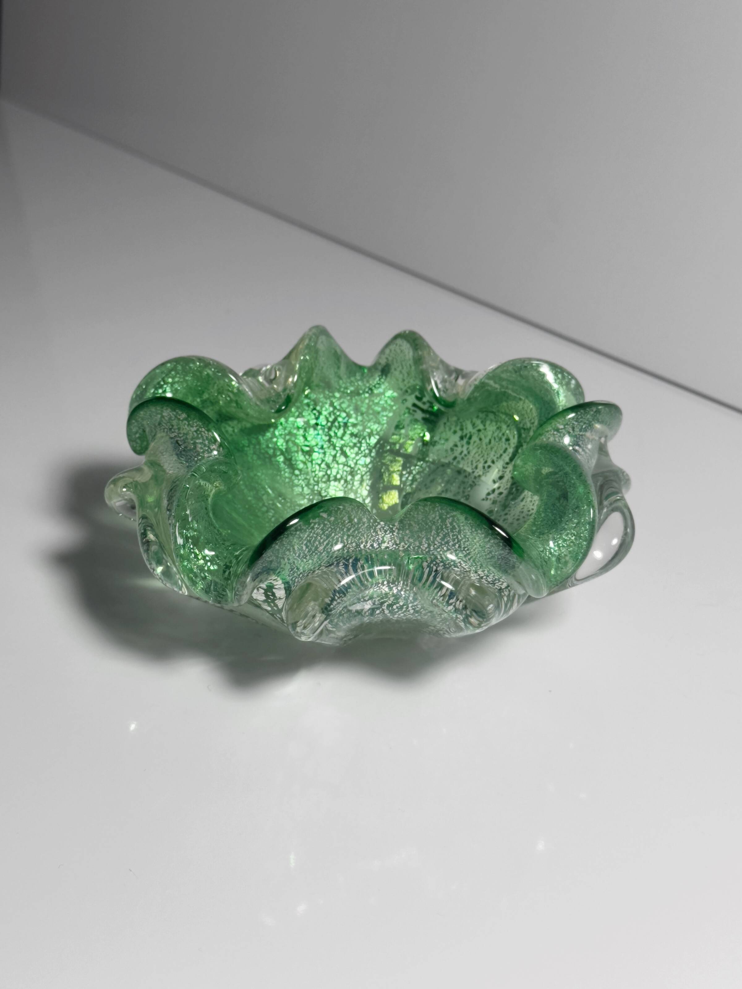 Green Silver leaf particles ash tray by Barovier Toso Murano