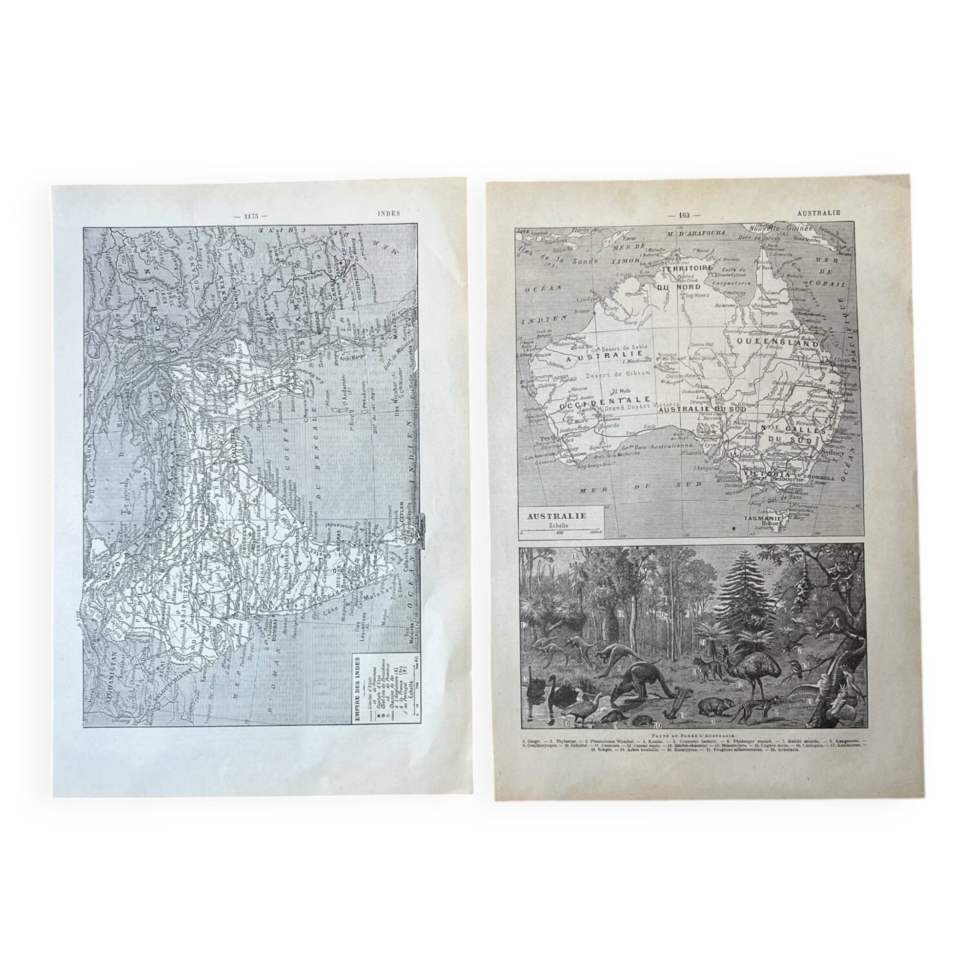 Set of 2 maps - India and Australia 20x29cm