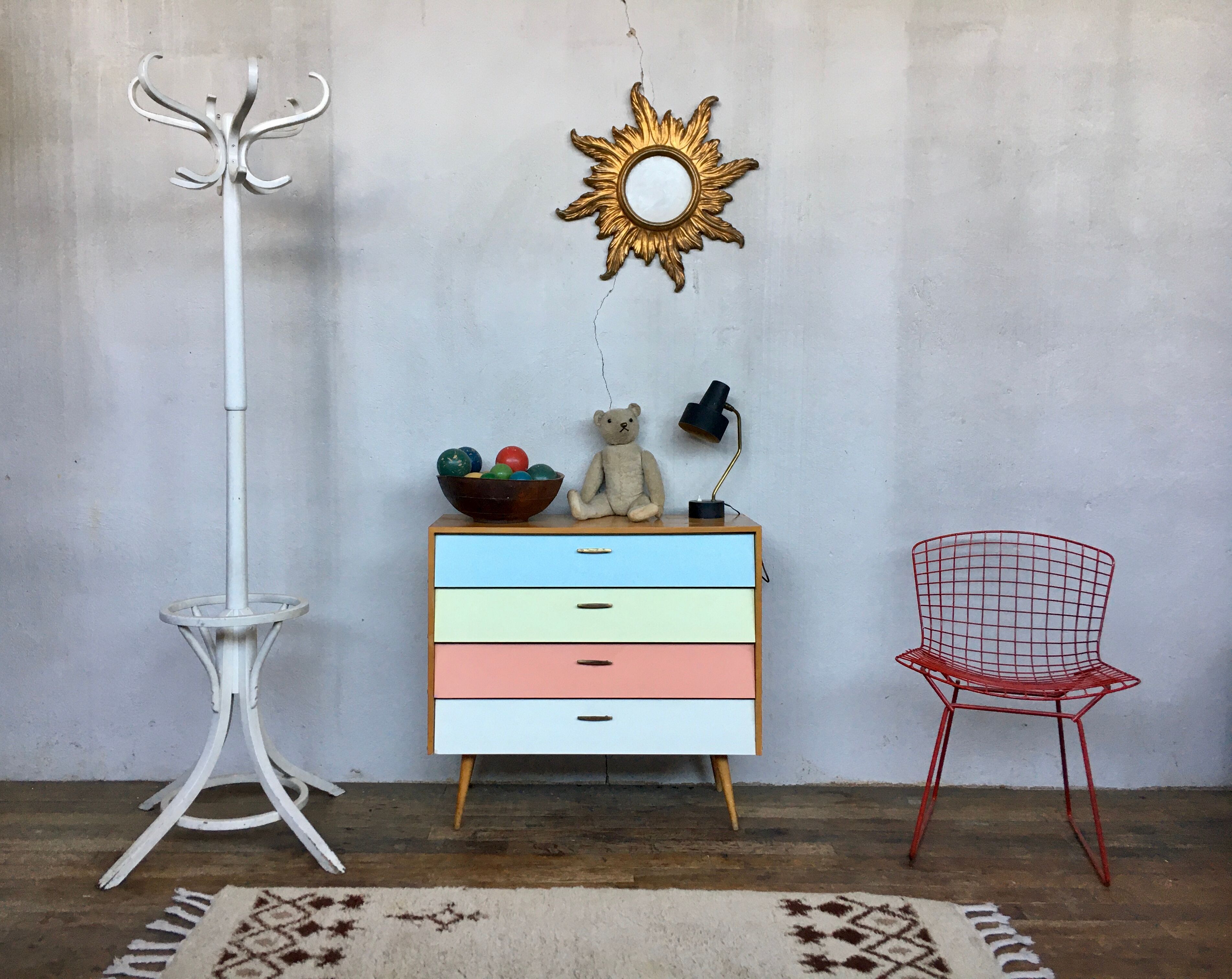 50s color formica shoe cabinet with compass feet