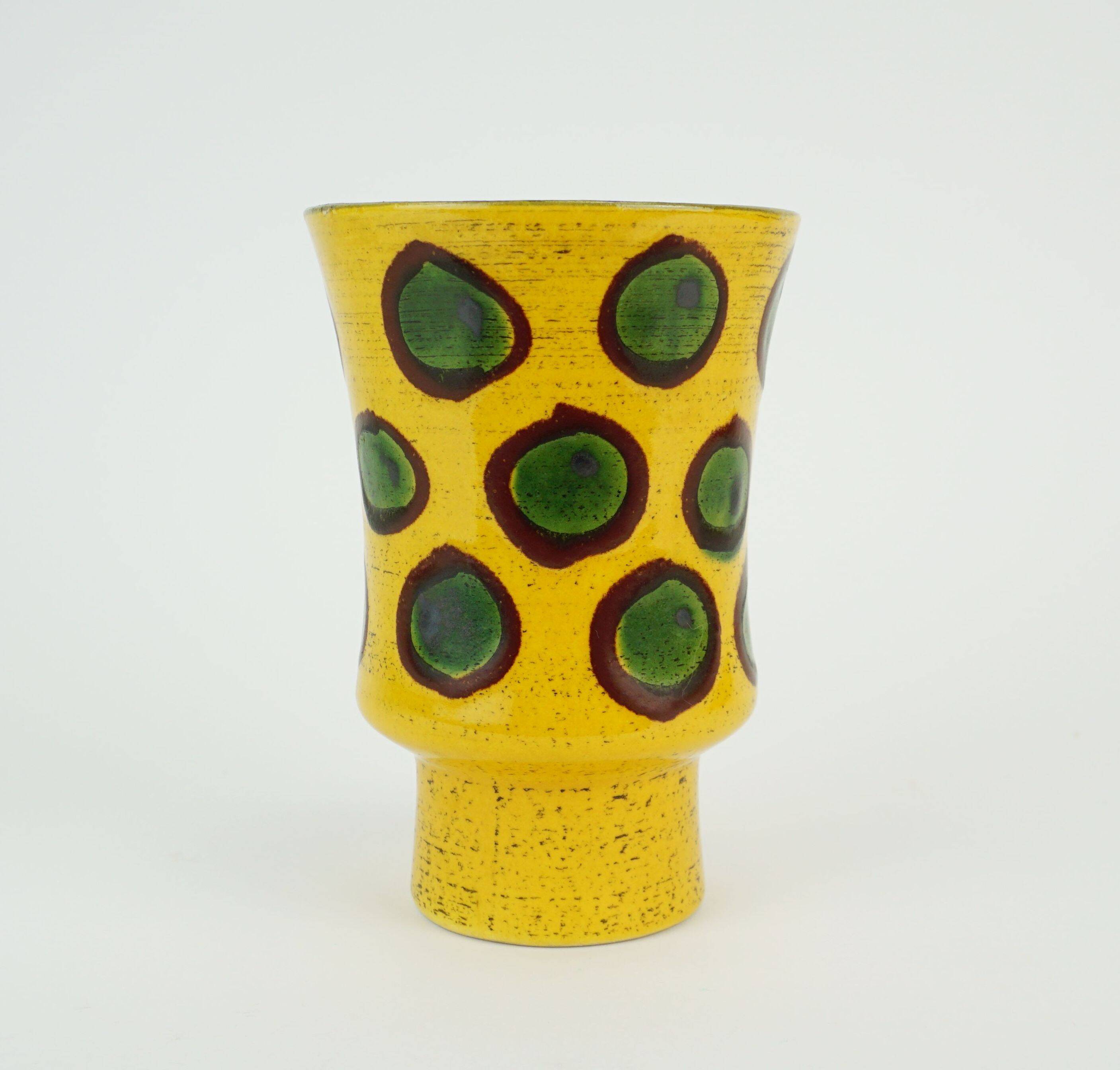 colorful hand-painted strehla gdr ceramic VASE yellow brown green polka dot