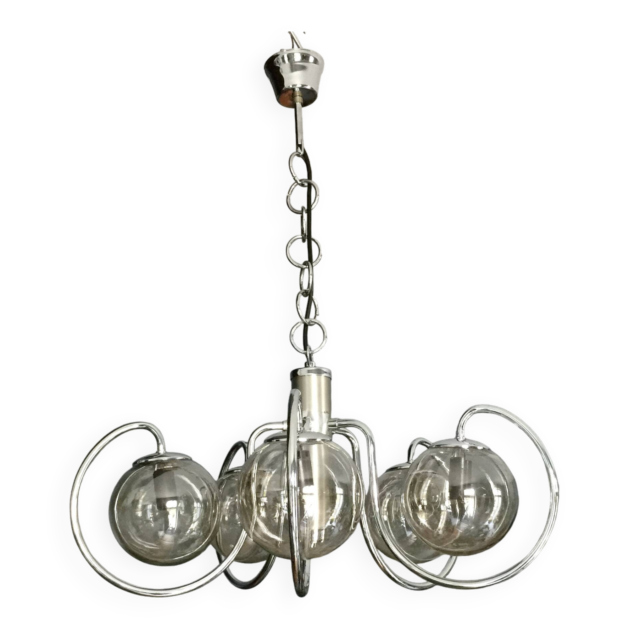 Lustre 5 boules chrome et verre fumé 1960