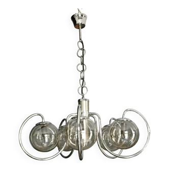 Chandelier 5 chrome and smoked glass balls 1960