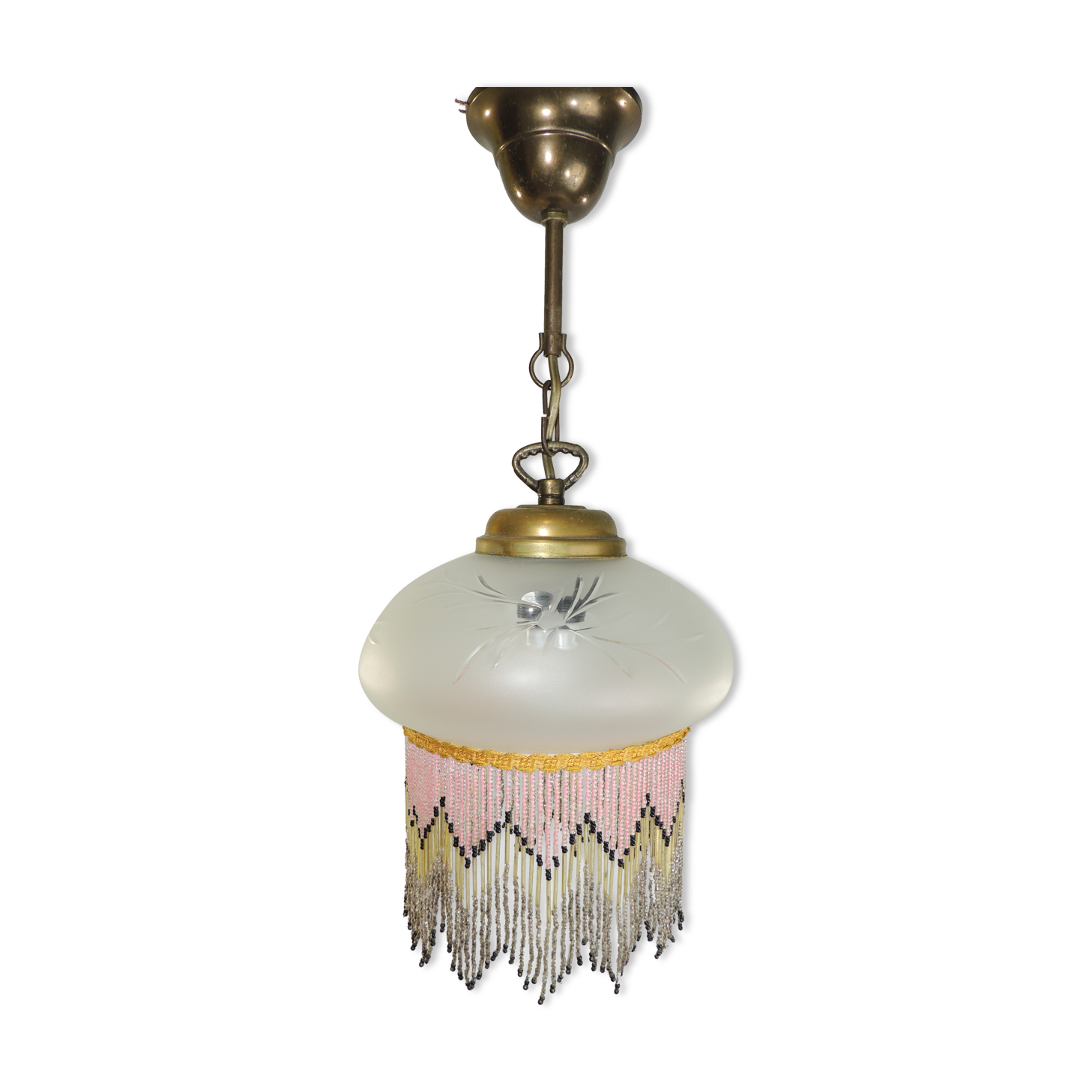 Charleston pendant lamp / engraved and frosted glass and glass bead fringe / vintage