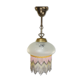 Charleston pendant lamp / engraved and frosted glass and glass bead fringe / vintage