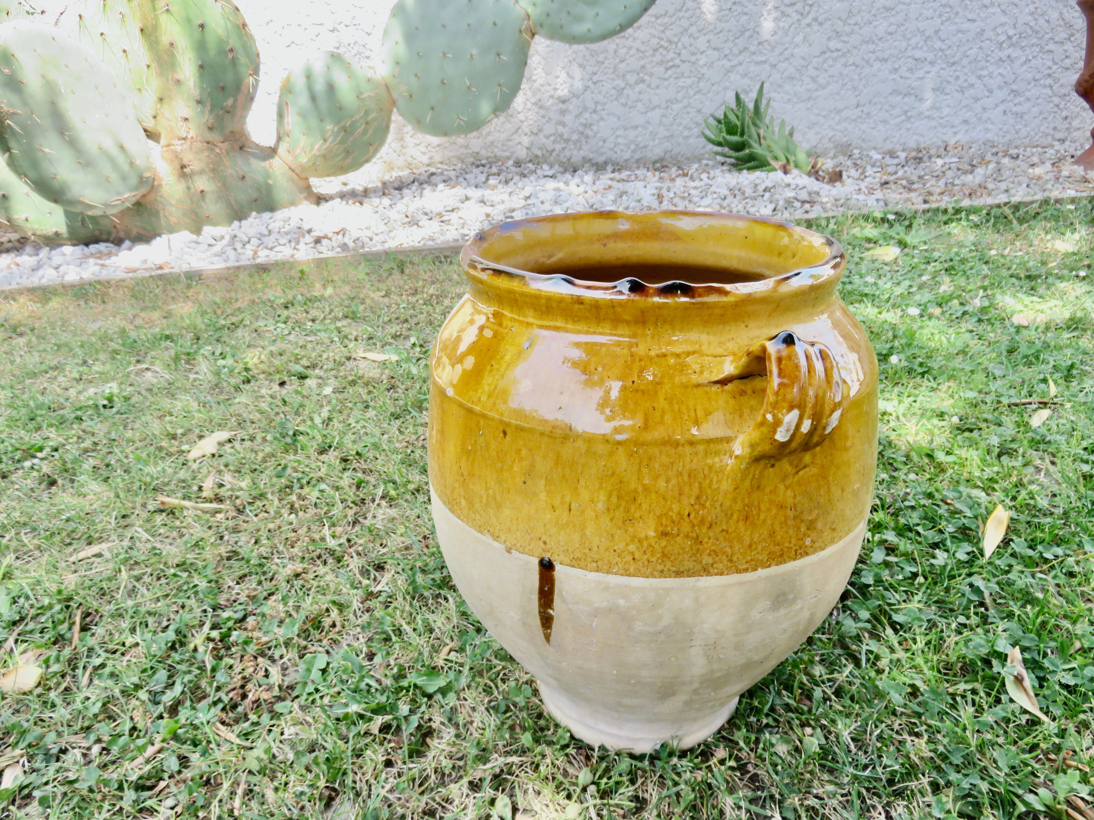 Vase, pot, jarre à huile en terre cuite vernissée jaune, fin 19ème