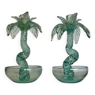 Pair of bubble glass "palm tree" candlesticks