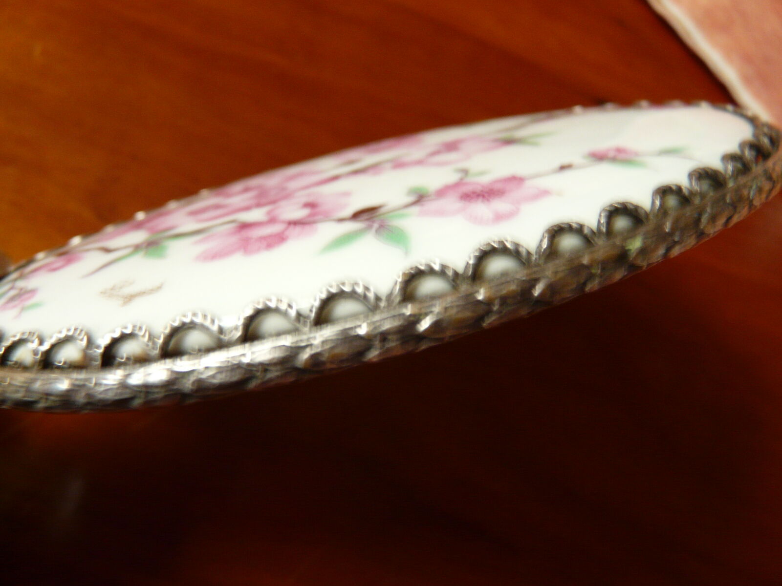 former silver bronze hand mirror - porcelain Limoges flower decoration