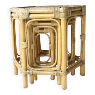 Set of 3 hexagonal nesting tables in bamboo and cream raffia, vintage 1960s style.