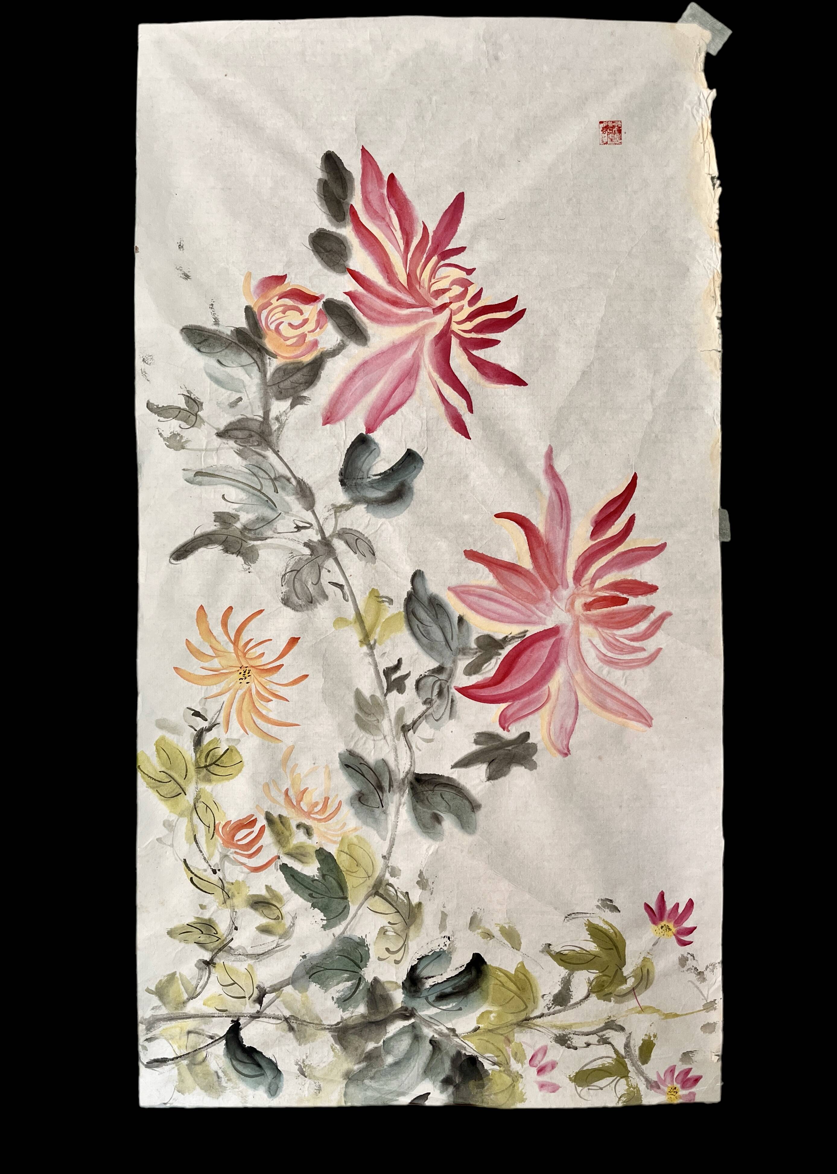 Asia, painting on chrysanthemum rice paper stamp 20th century