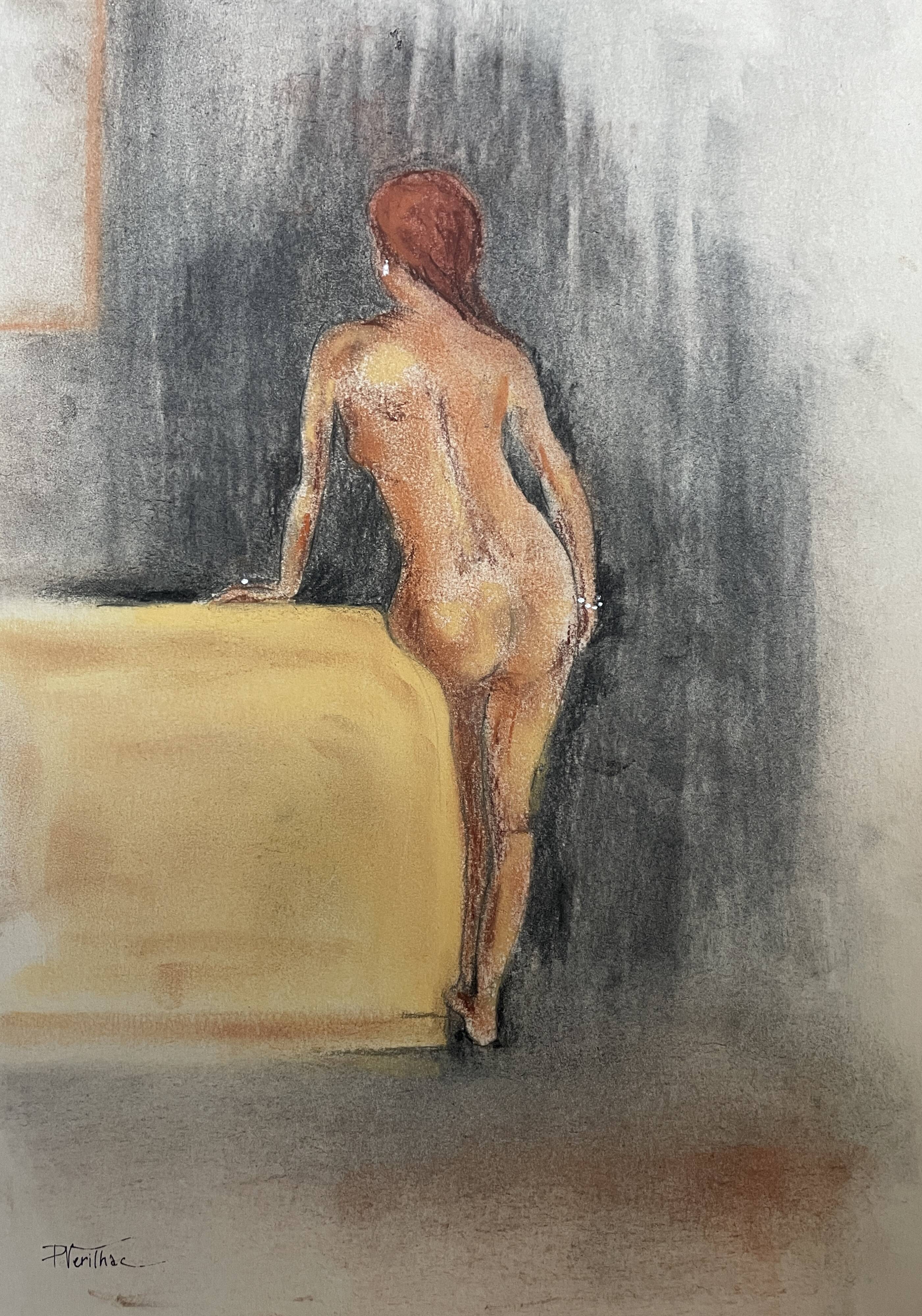 Painting signed pastel female portrait “the ocher sofa” 42x30 cm