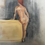 Painting signed pastel female portrait “the ocher sofa” 42x30 cm