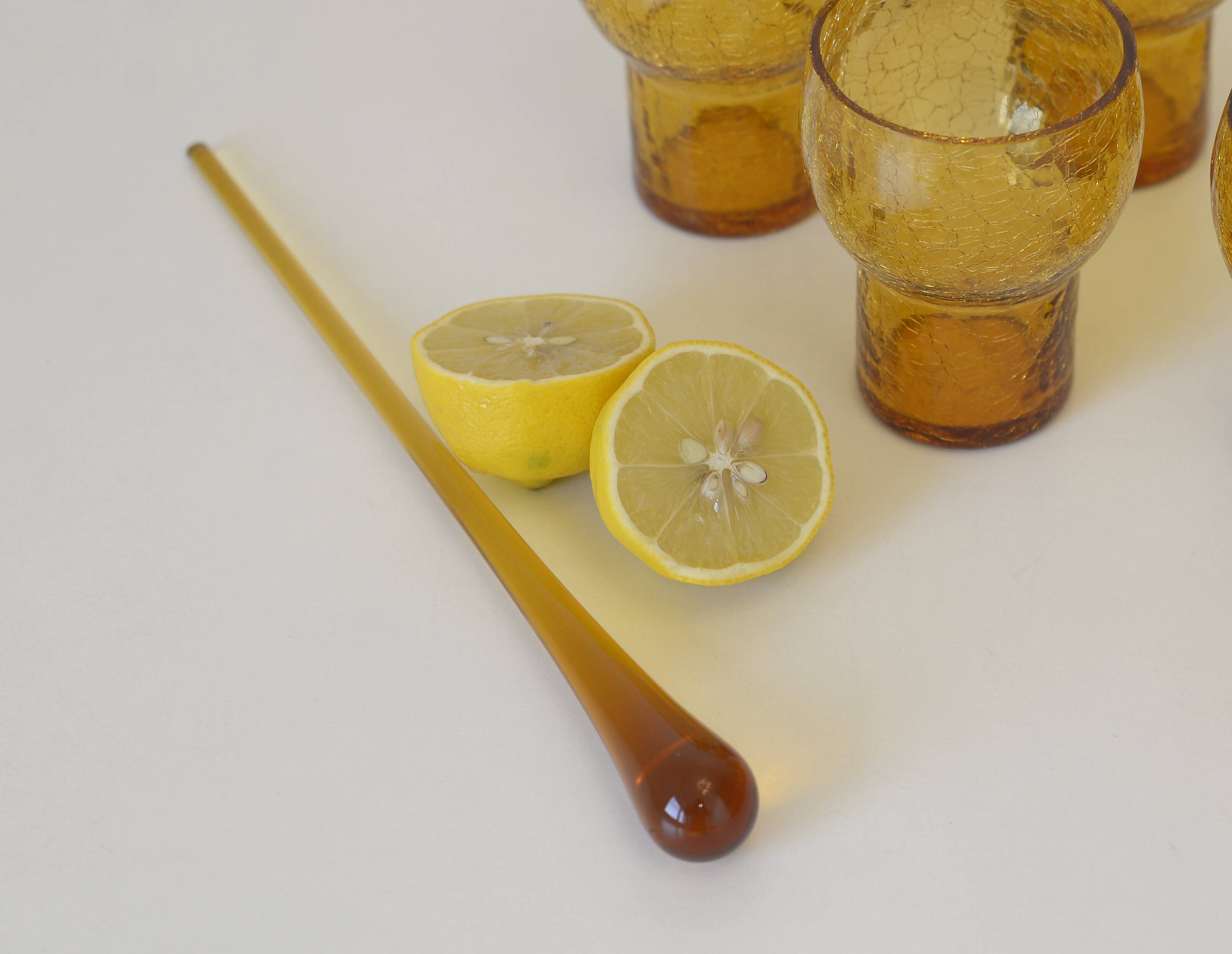 Vintage Amber Crackle Glass Shot Glass Set Mid Century Modern Barware