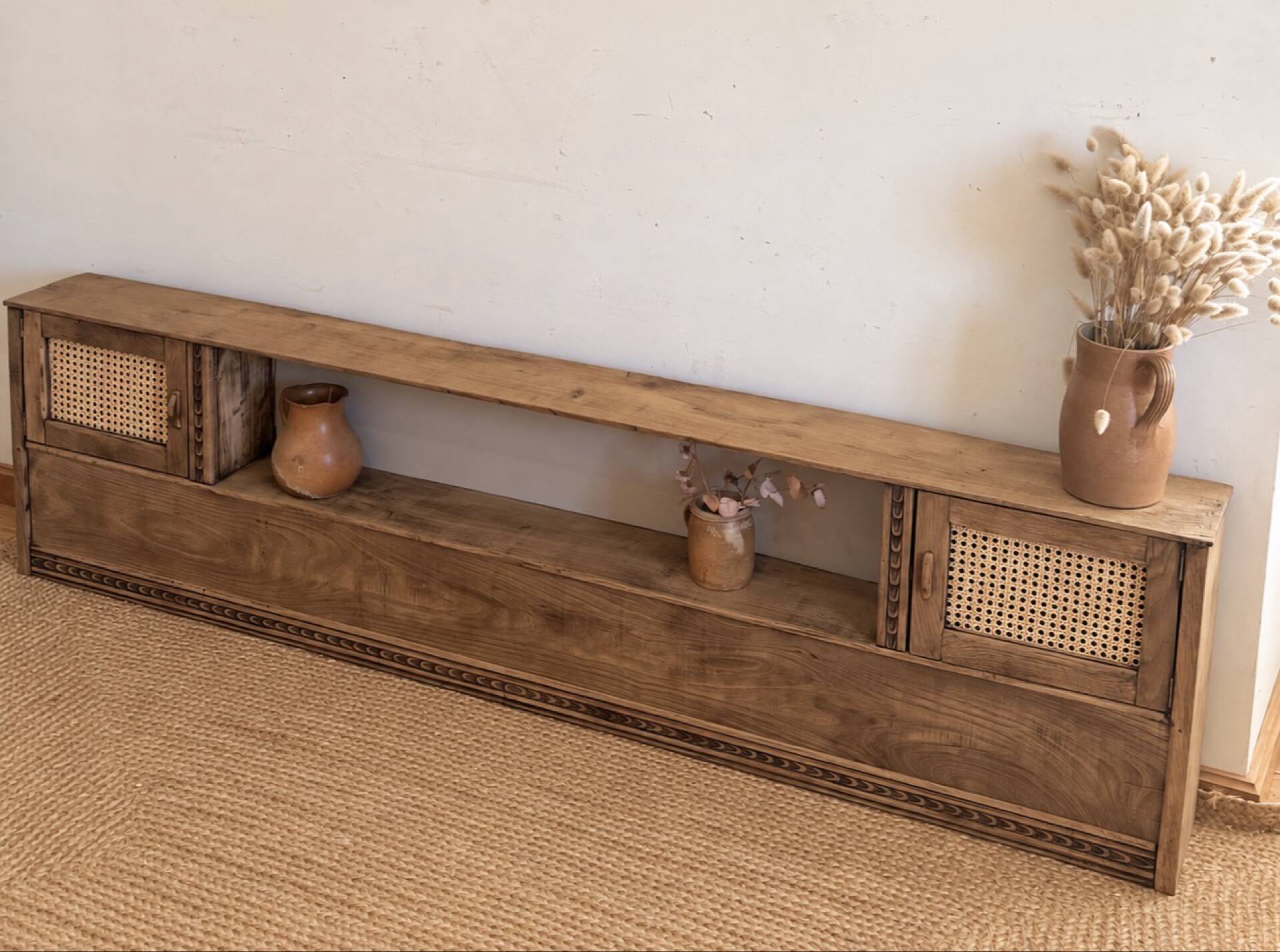 Vintage oak sideboard TV unit with raw finish and caning.