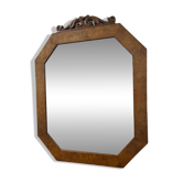 Miroir octogonal ancien - Bois de ronce & fronton sculpté à volutes
